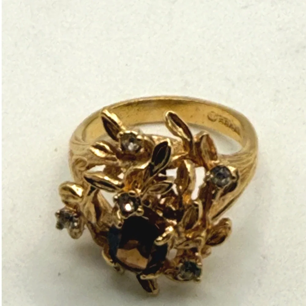 Vintage Gold Electroplated Smoky Topaz Glass Floral Ring Size 6 18K GHE